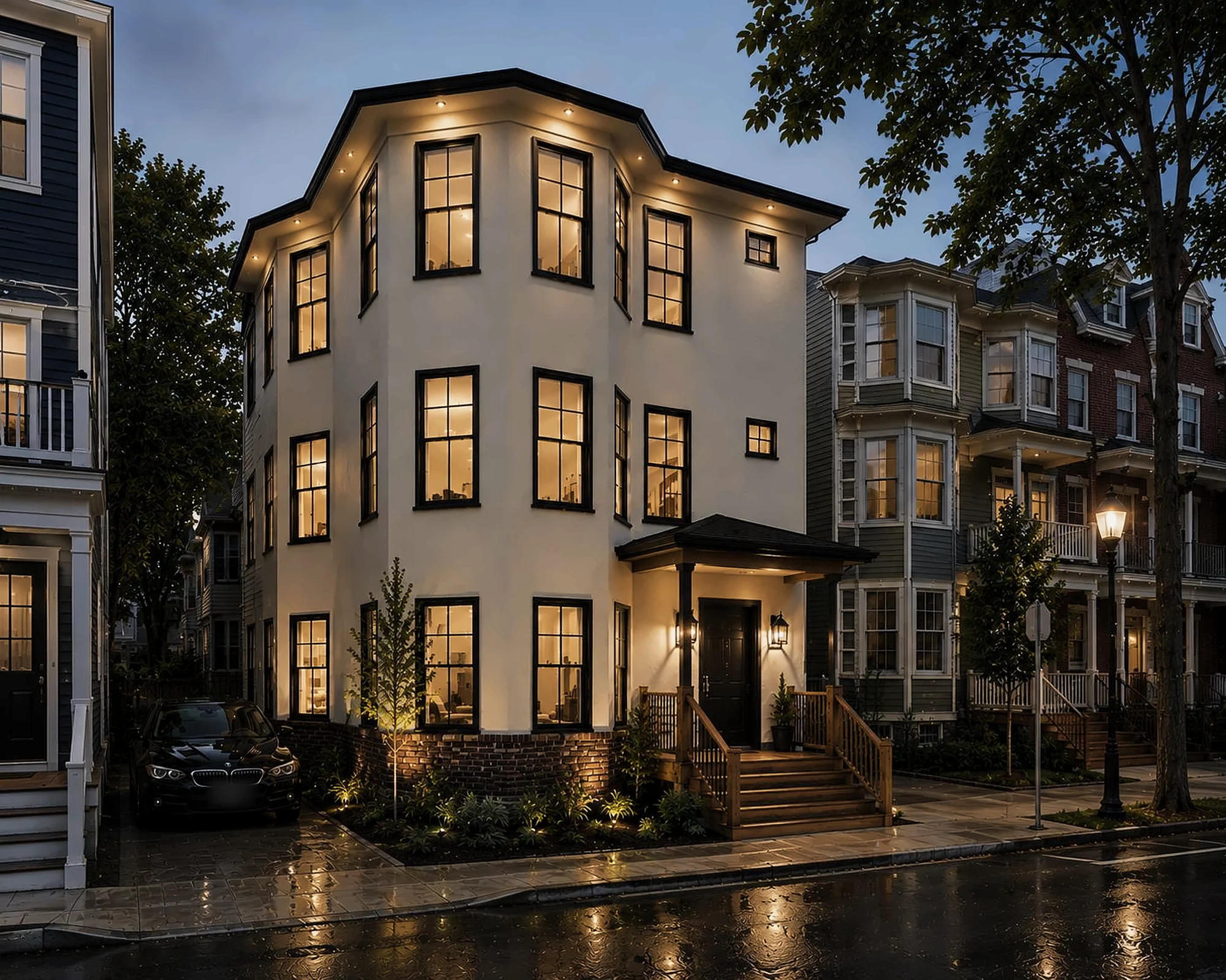 School Street, Everett — six-unit conversion at dusk